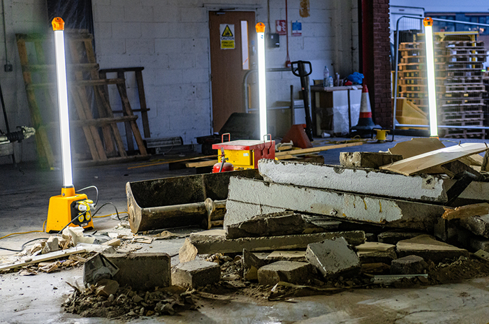 Safety Basics for Demolition Work, photo shows lighting around demolished concrete