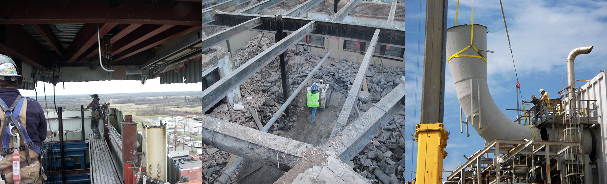 industrial workers on 3 site locations dismantling equipment in preparation for rigging and demolition on job site