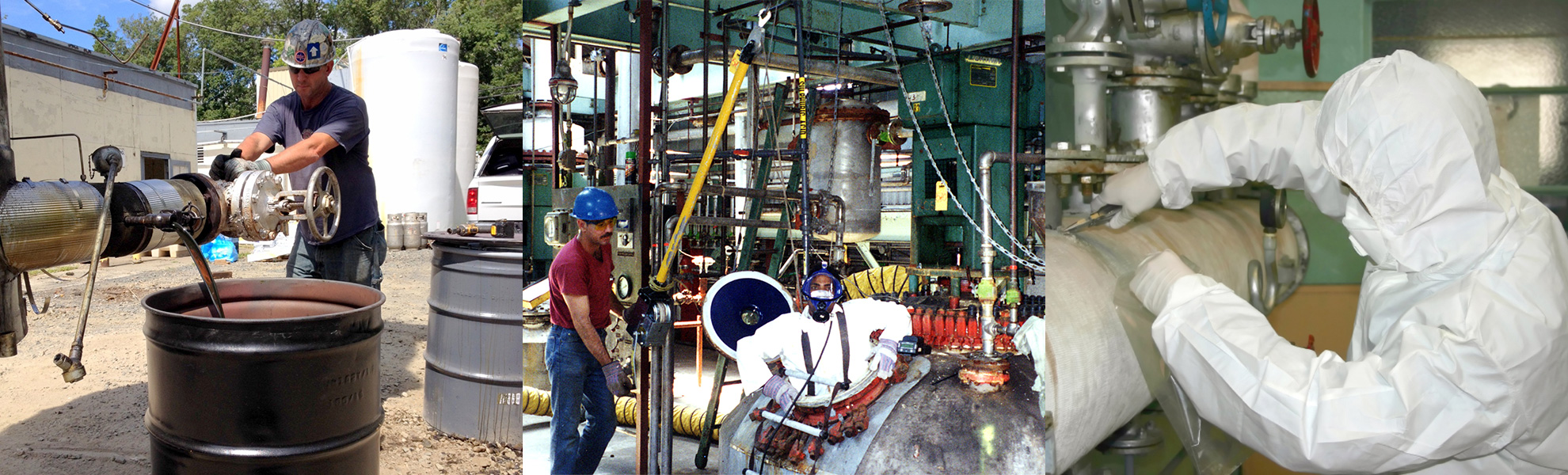 emptying oil into barrel, hazardous worker in close quarters, taping a pipe wearing a hazmat suit