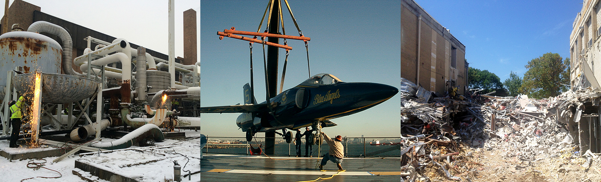 oil refinery demolition, rigging blue angels aircraft and total demolition of a building